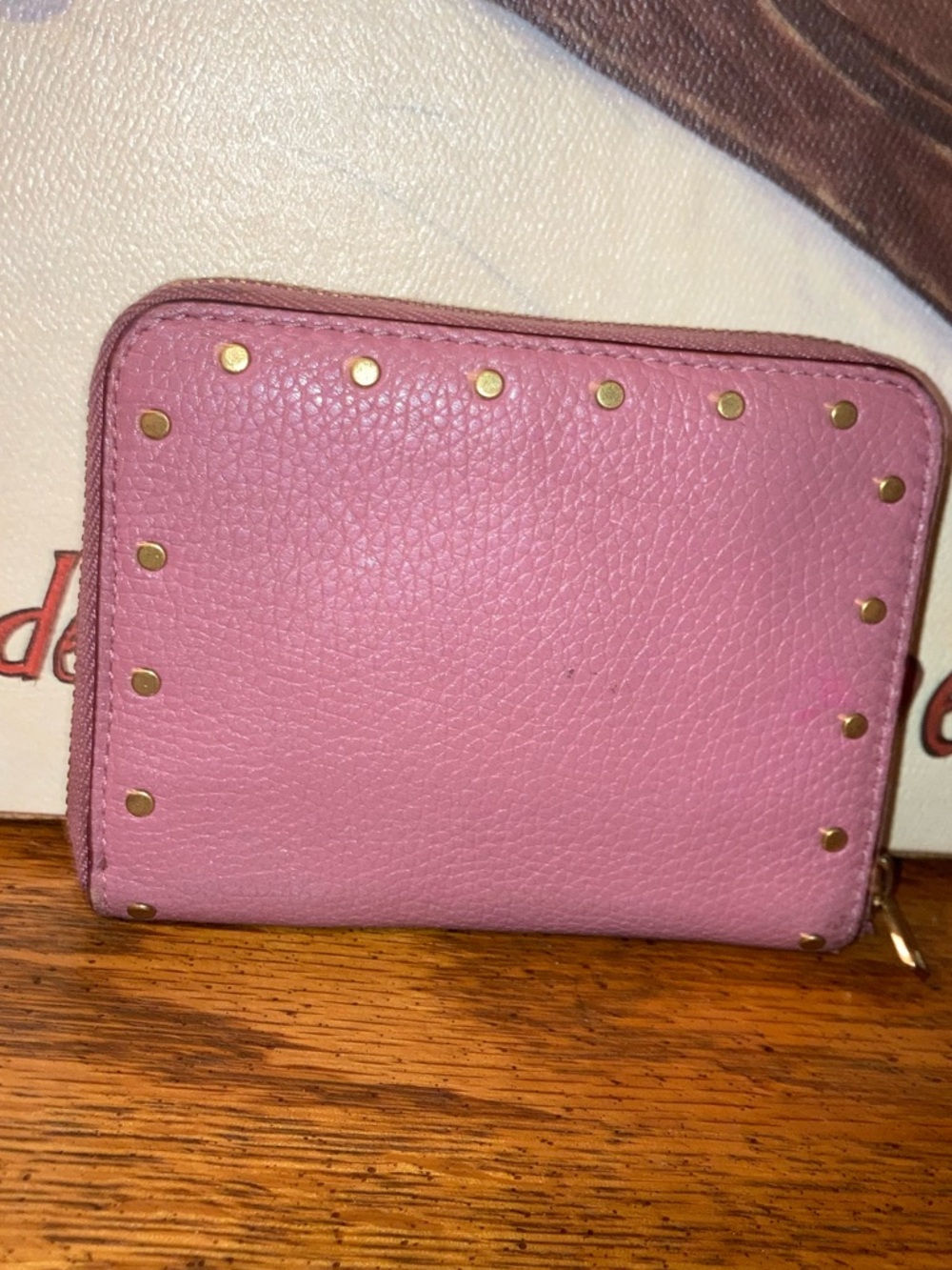 Coach Pebbled Leather Compact Zip Around Wallet with Gold Stud Accents Pink - Picture 2 of 9